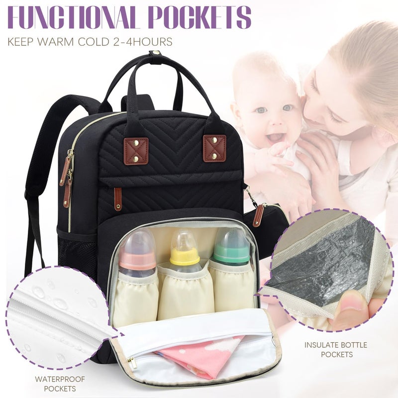 Tuwubi Diaper Bag Backpack, Baby Essentials Travel Tote Bag, Multi function Waterproof Backpacks, Travel Essentials with Stroller Straps & Pacifier Case - Black - Image 4